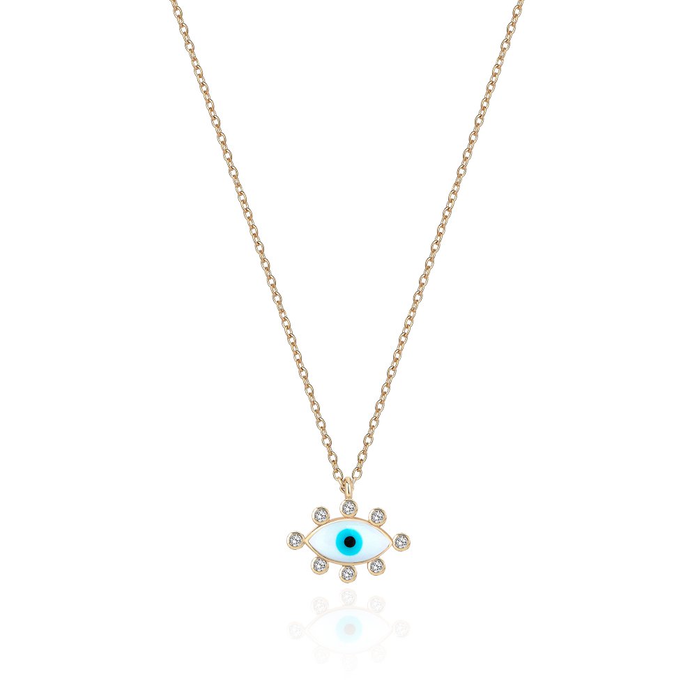 JvelAria 14K Yellow Gold White Enamel Evil Eye Necklace w/ Diamonds