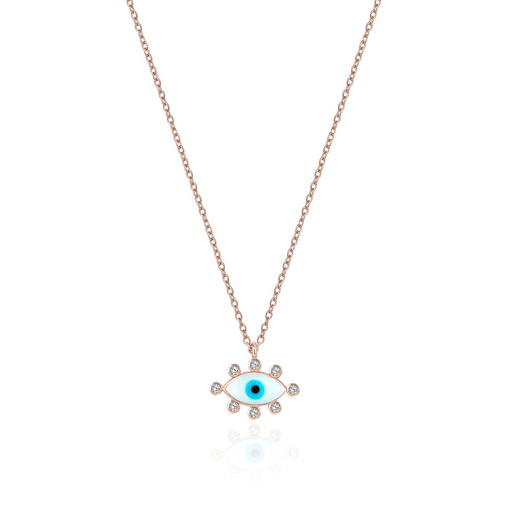 JvelAria 14K Rose Gold White Enamel Evil Eye Necklace w/ Diamonds