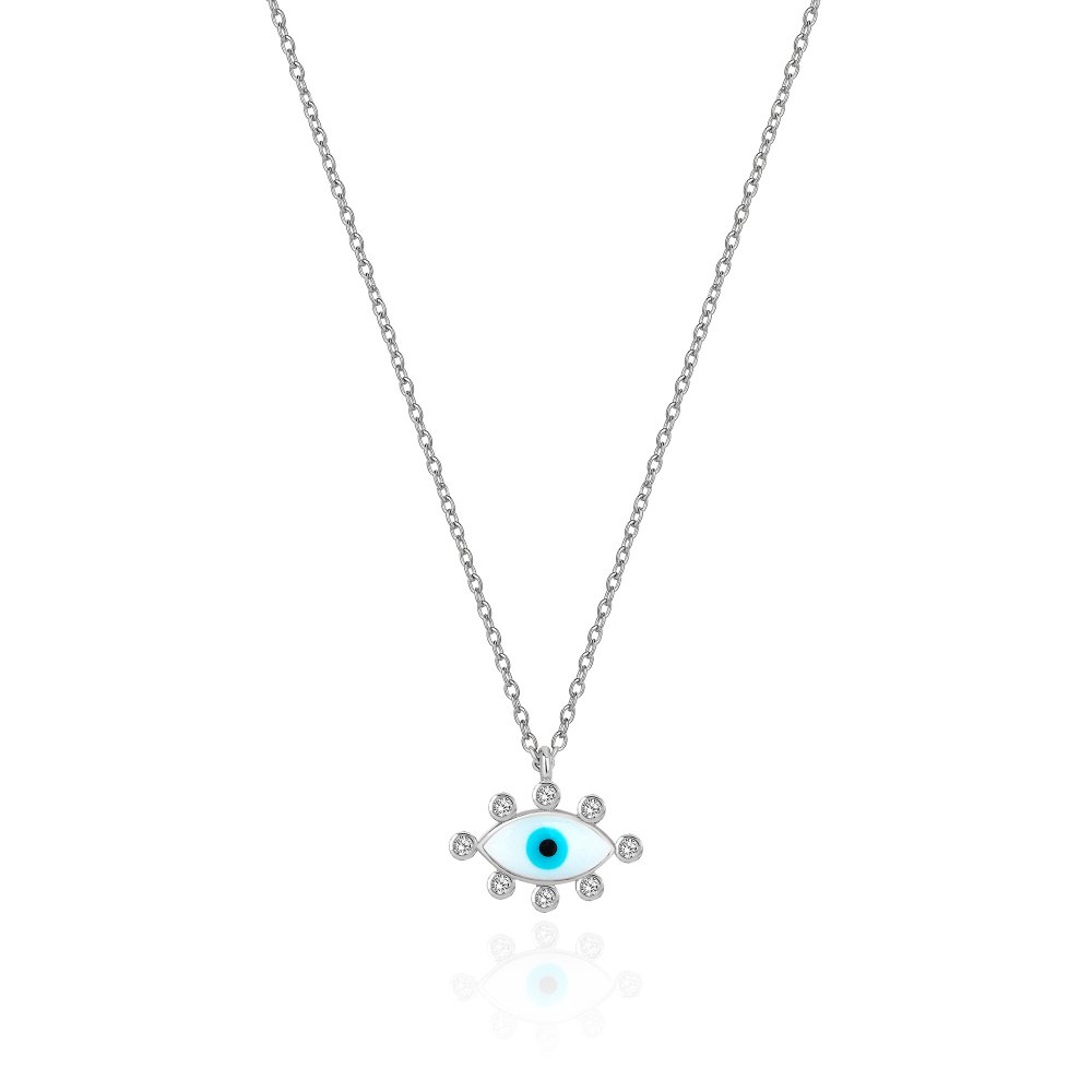 JvelAria 14K White Gold White Enamel Evil Eye Necklace w/ Diamonds