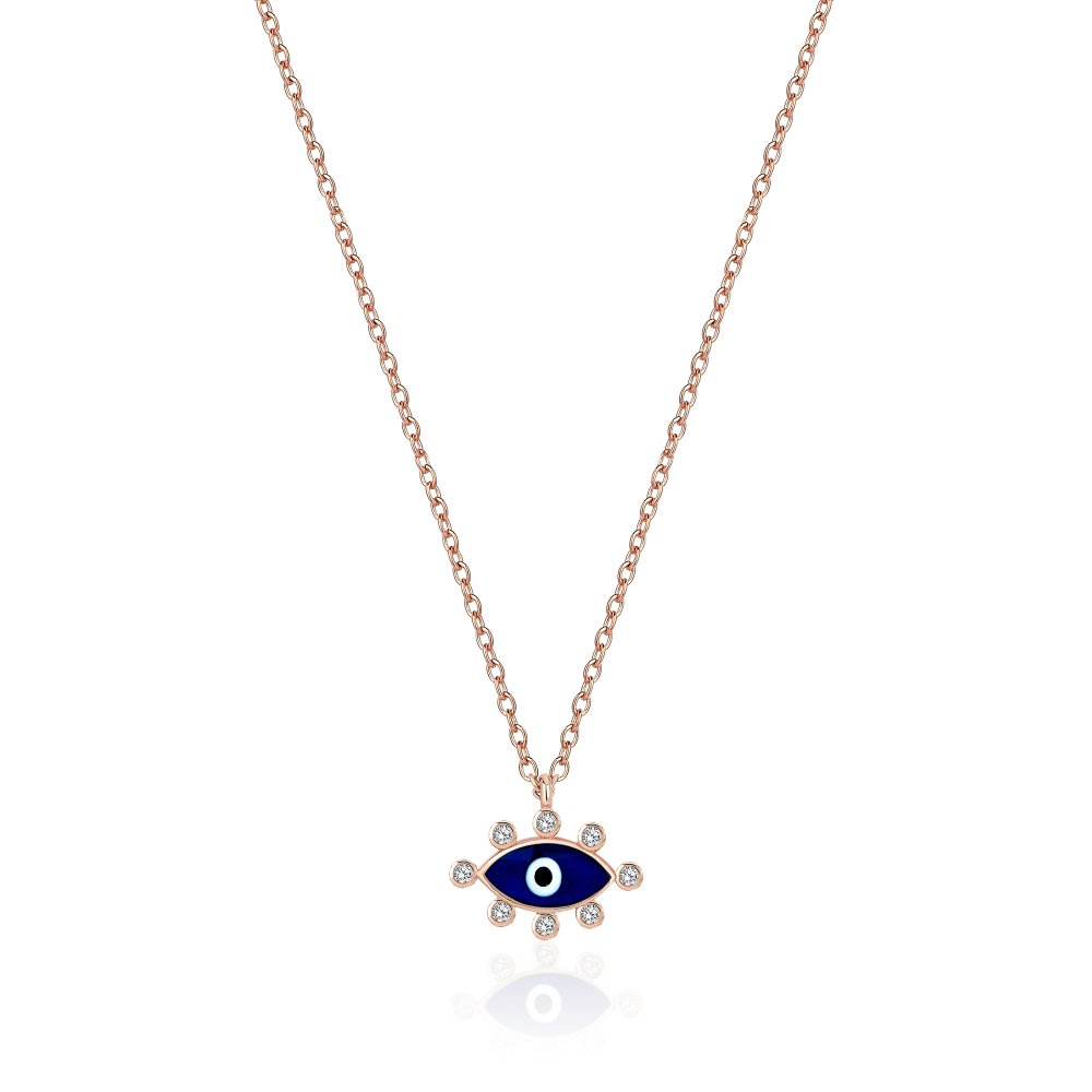 JvelAria 14K Rose Gold Blue Enamel Evil Eye Necklace w/ Diamonds