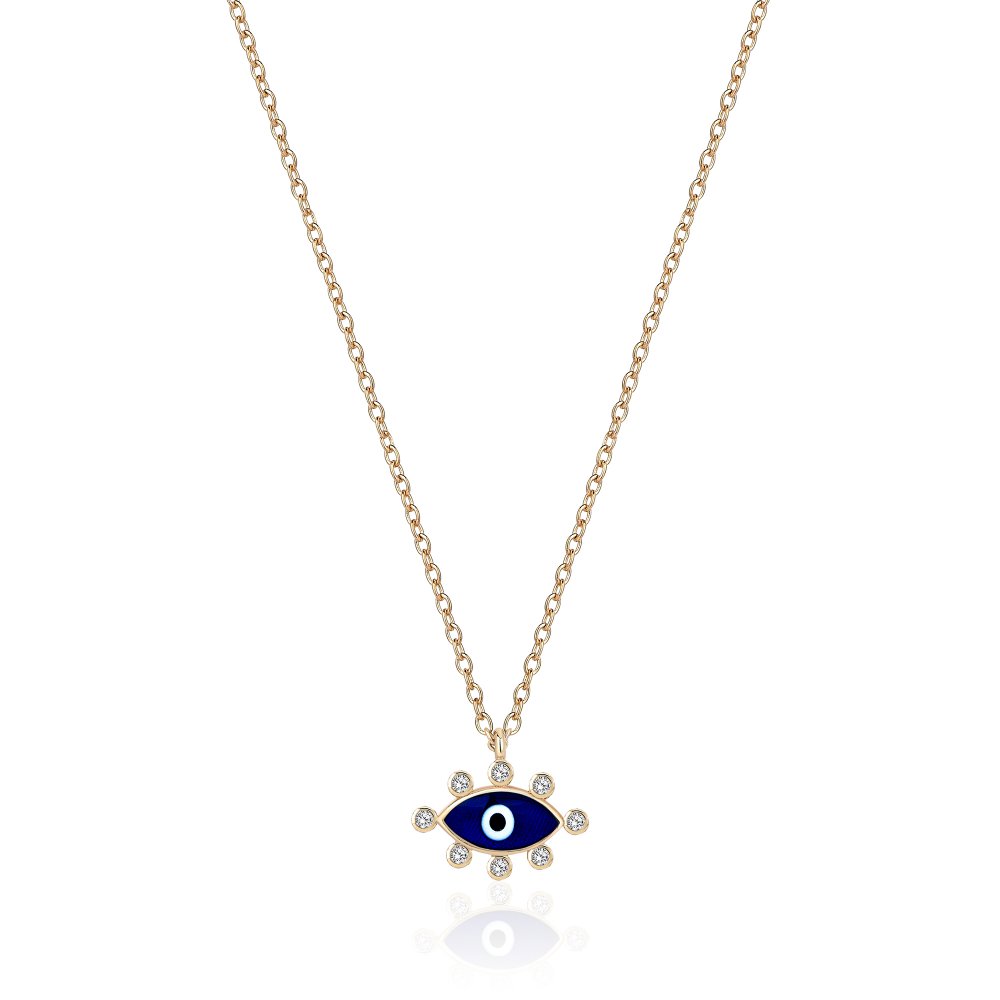 JvelAria 14K Yellow Gold Blue Enamel Evil Eye Necklace w/ Diamonds