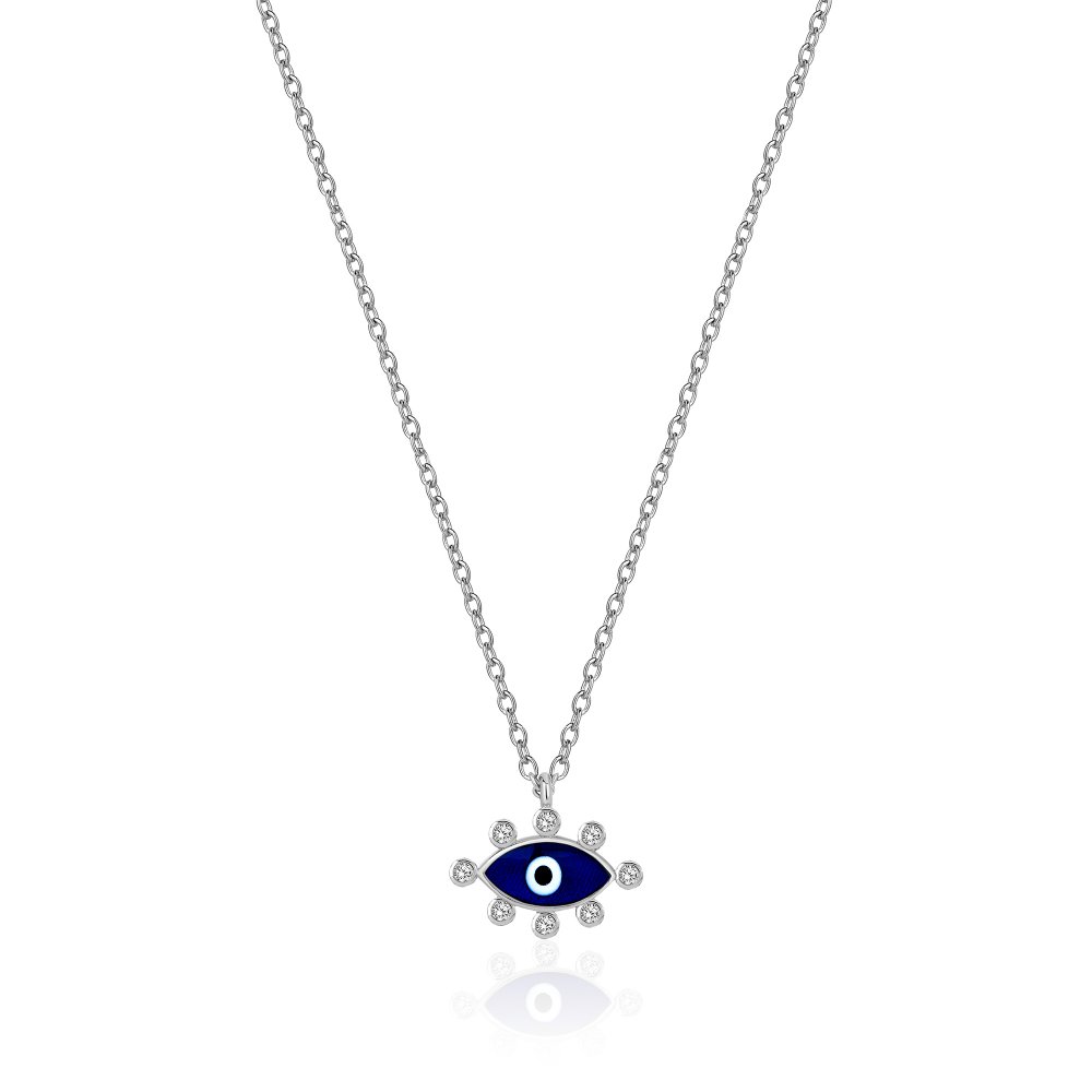 JvelAria 14K White Gold Blue Enamel Evil Eye Necklace w/ Diamonds