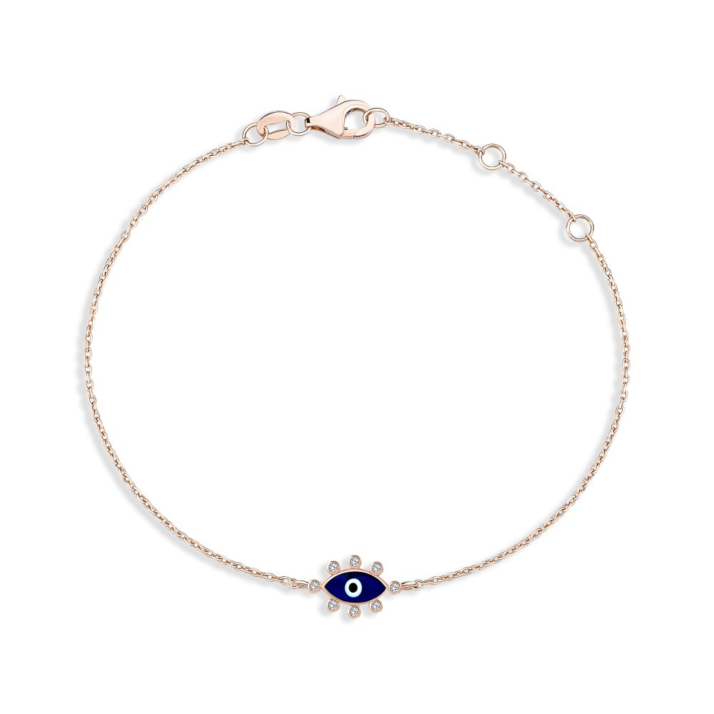 JvelAria 14K Rose Gold Blue Enamel Evil Eye Bracelet w/ Diamonds