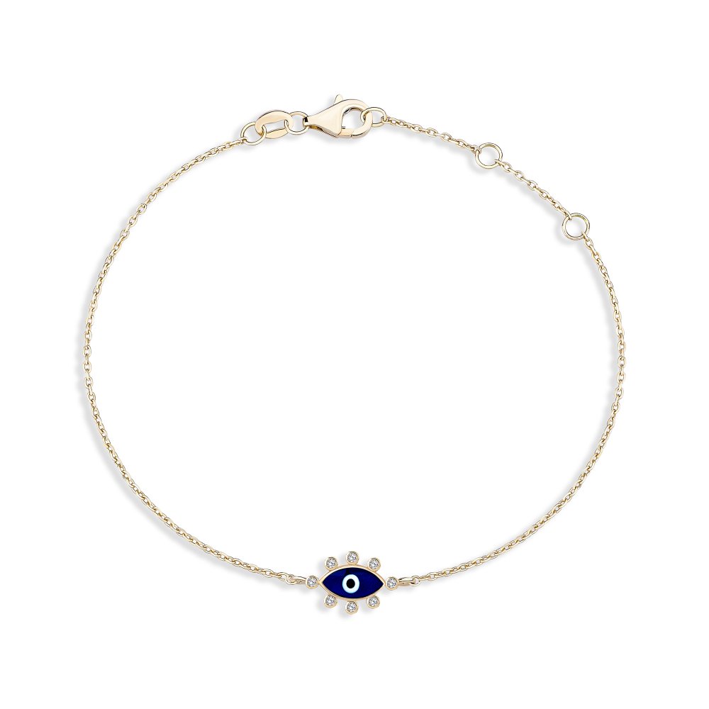 JvelAria 14K Yellow Gold Blue Enamel Evil Eye Bracelet w/ Diamonds