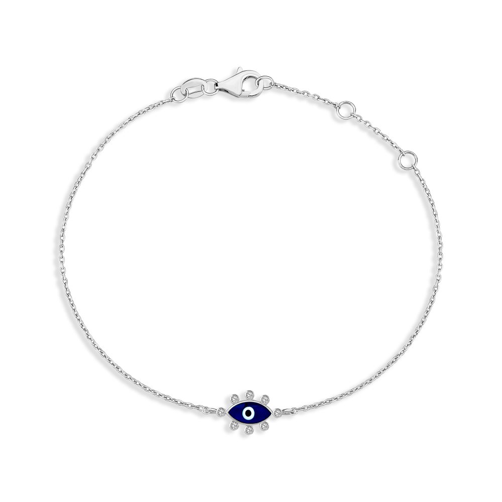 JvelAria 14K White Gold Blue Enamel Evil Eye Bracelet w/ Diamonds